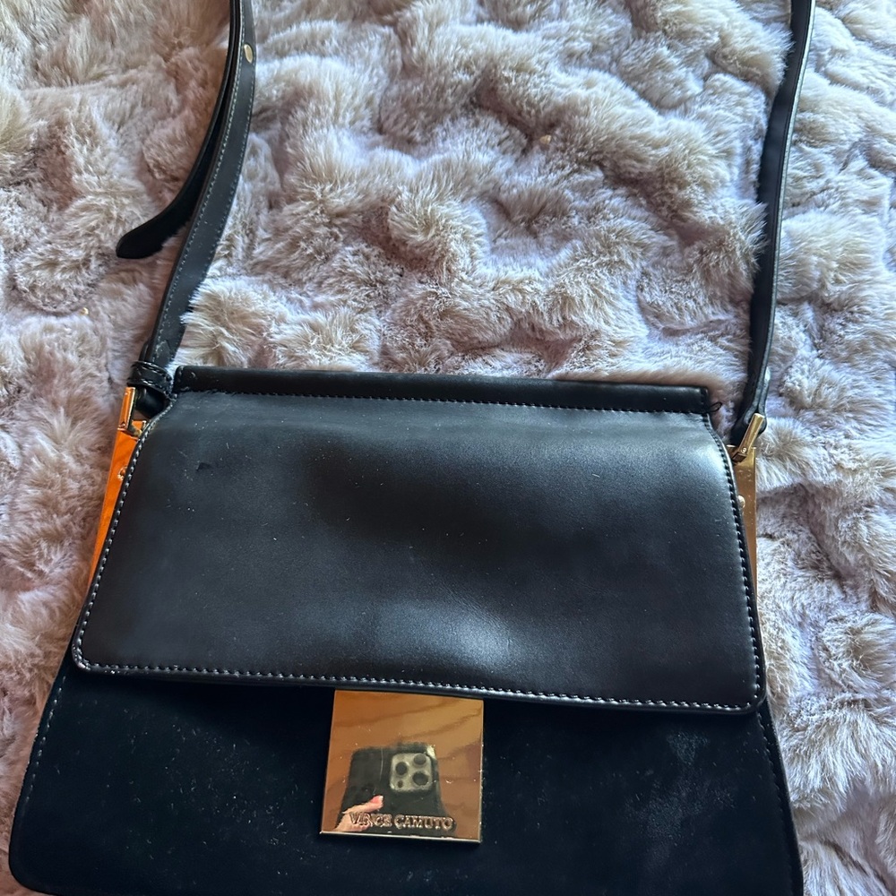 Vince Camuto Black Leather/Velvet Shoulder Bag